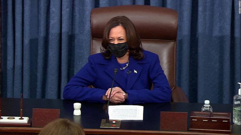 Kamala Harris broke a tie for the first time, clearing way for Covid-19 relief package
