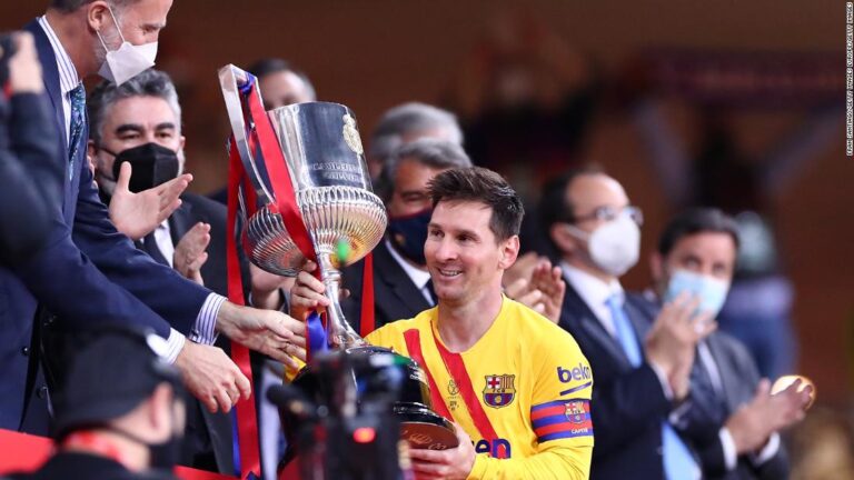 Is this goodbye? Barcelona teammates line up for photos with Lionel Messi following Copa del Rey victory