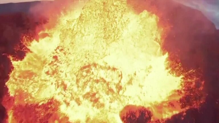 See drone crash into erupting Icelandic volcano
