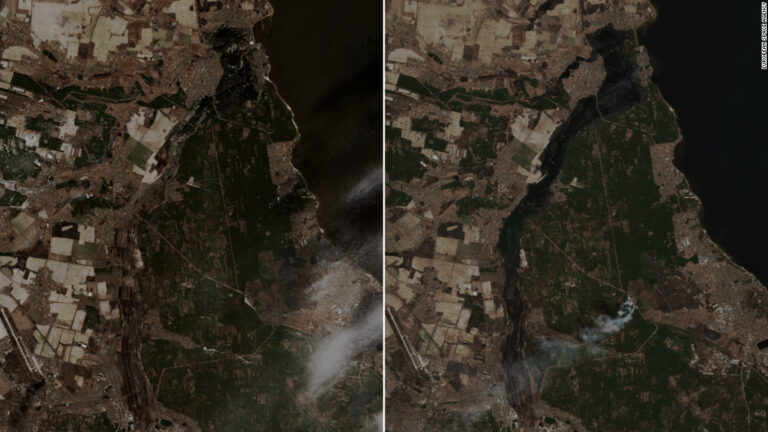 New images show buildings ablaze and flooding from a river that’s critical to the Russian advance toward Kyiv