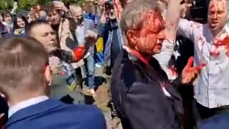 Russian Ambassador doused with red paint at Soviet cemetery