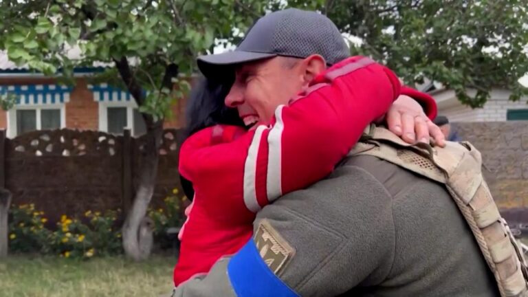 Ukrainian soldier’s tearful reunion with mother after village is liberated